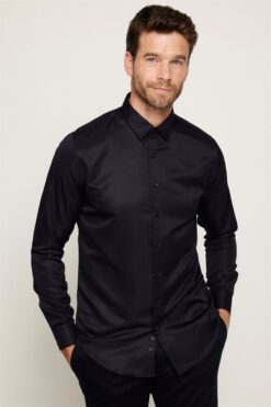 Tudors Slim Fit Uzun Kollu Kolay Ütü Teri Emen Nefes Alan Doku Kravatlık Dört Mevsim Siyah Erkek Gömlek