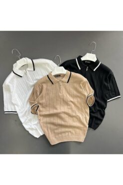 pepule siyah beyaz kahve 3 lü yaka detaylı Örme Triko Tshirt