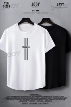 Jooy Company Freedom Çizgi Baskılı Siyah Beyaz Oval Kesim Slim Fit Tshirt 2'li Set