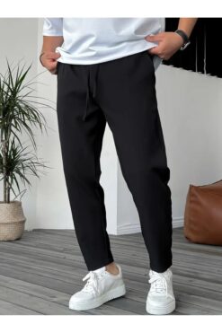RAKİP Erkek Siyah Arka Cepli Beli Lastikli Bağcıklı Duble Paça Jogger Pantolon
