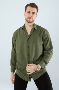 YXC Trend Maker Erkek A Haki Rahat Kalıp Pamuklu Oversize Keten Gömlek