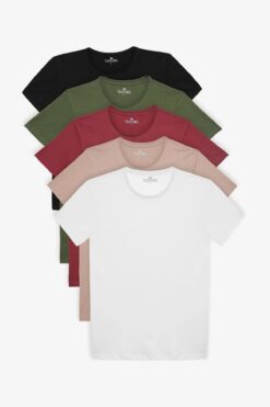 Tudors Unisex 5'li Paket Siyah-Beyaz-Haki-Bordo-Vizon Slim Fit Dar Kesim %100 Pamuk Bisiklet Yaka Tişört