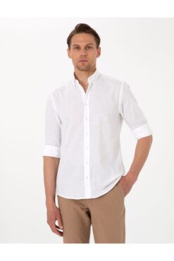 Pierre Cardin Beyaz Keten Görünümlü Slim Fit Uzun Kollu Gömlek 50307025-vr013