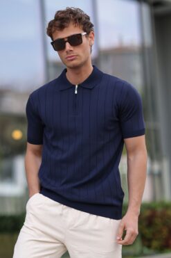 aziso Erkek Polo Yaka Yarım Fermuarlı T-shirt