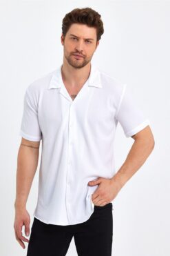 CLIPMAN Erkek Slim Fit Kendinden Desenli Keten Apaş Yaka Kısa Kollu Gömlek Beyaz34