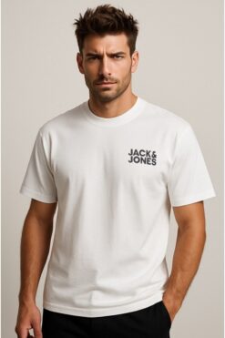 Jack & Jones 12151955 Bisiklet Yaka Baskılı Erkek T-shirt Beyaz