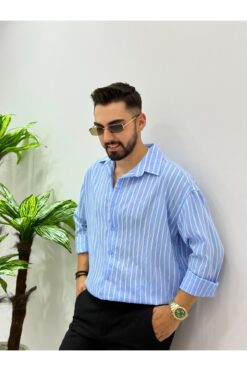 JACK CAPRİO Erkek Keten Çizgili Yeni Sezon Oversize Gömlek