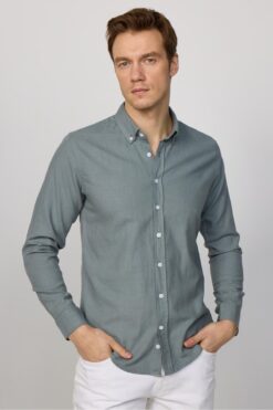 Tudors Erkek Slim Fit Dar Kesim Uzun Kollu %100 Pamuk Keten Doku Düğmeli Yaka Gri Gömlek