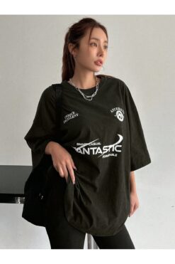 Sweetline Fantastıc Süprem T-Shirt -Siyah Baskılı Oversize Bisiklet Yaka Tişört