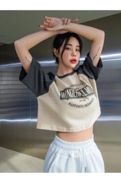 Sweetline Wonderful Mood Süprem Crop T-Shirt - Bej Beyaz Baskılı Oversize Bisiklet Yaka Tişört