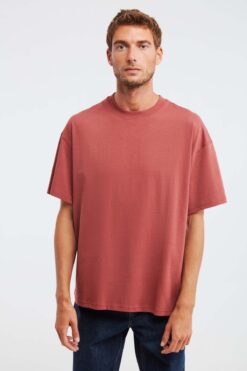 GRIMELANGE Jett Erkek Oversize Fit %100 Organik Pamuk Kalın Dokulu Bisiklet Yakalı Kiremit Rengi T-shirt