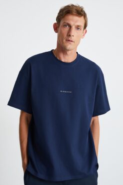 GRIMELANGE Rıver Erkek Oversize Fit Bol Kesim Nakış Işlemeli Basic Örme Lacivert T-shirt