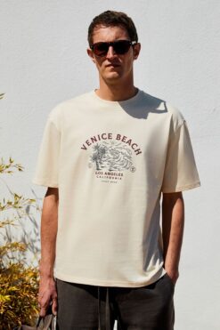 GRIMELANGE PROVENCE Erkek Bisiklet Yaka %100 Organik Pamuklu Regular Fit Açık Bej T-Shirt