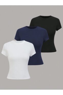 EVIus Kadın Basic Bisiklet Yaka Dar Kalıp T-Shirt Üçlü Set