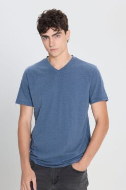 AC&Co / Altınyıldız Classics Erkek Pamuklu V Yaka Indigo Melanj Slim Fit Dar Kesim Tişört
