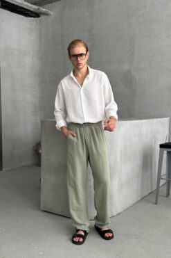 HYMAN Erkek Beli Lastikli Baggy Kalıp Keten Pantolon