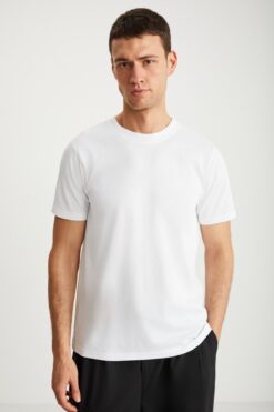GRIMELANGE Mıchel Erkek Slim Fit Dar Kesim %100 Organik Pamuklu Yana Kayan Dikişli Basic Örme Beyaz T-shirt