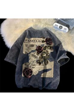 Touz Moda Yıkamalı Streetwear Rose Baskılı Unisex Oversize Vintage T-shirt