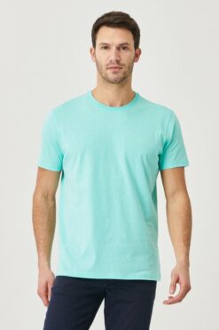 AC&Co / Altınyıldız Classics Erkek Turkuaz %100 Pamuk Slim Fit Dar Kesim Bisiklet Yaka Basic Tişört