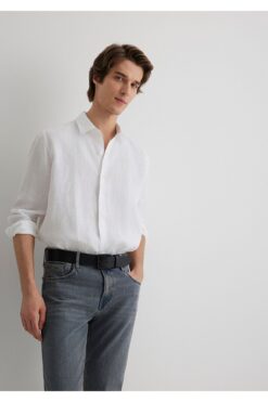 Mavi Beyaz Keten Gömlek Regular Fit / Normal Kesim 0210492-620