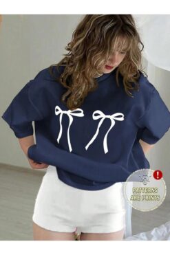 trendgar İki fiyonk baskılı lacivert oversize t-shirt