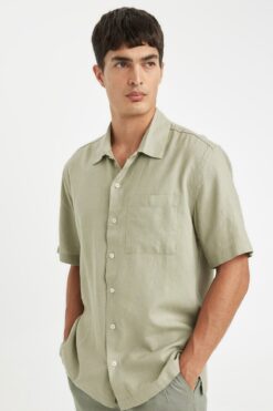 DeFacto Relax Fit Yazlık Polo Yaka Keten Karışımlı Basic Düz Kısa Kollu Gömlek C1110ax24sm