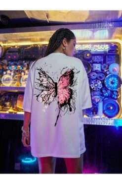 VELLOCE Beyaz Kelebek Baskılı Oversize Penye T-shirt