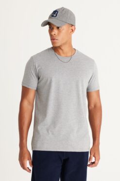 AC&Co / Altınyıldız Classics Erkek Koyu Gri Pamuklu Slim Fit Dar Kesim Bisiklet Yaka Basic Tişört