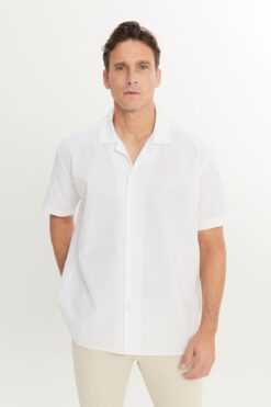 AC&Co / Altınyıldız Classics Erkek Ekru Pamuklu Keten Oversize Fit Bol Kesim Hawai Yaka Gömlek