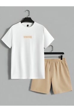 trendgar bej şortlu wondrous baskılı alt ust unisex takım