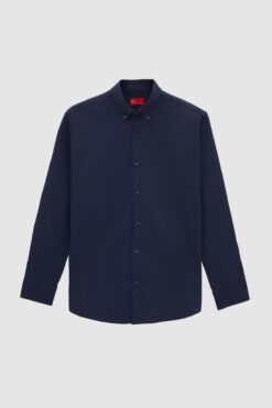 D'S Damat Ds Damat Comfort Lacivert Düğmeli Yaka Rahat Kesim Keten Görünümlü %100 Pamuk Gömlek