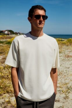 GRIMELANGE CHIC Erkek Relaxed Fit Dokulu Pamuk Kumaş Ekru T-Shirt