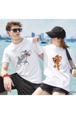 Hunors Sportswear & Company Tom Ve Jerry Tasarım Sevgili Çift Kombini Beyaz Oversize Tshirt 2'li Set