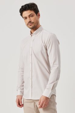 ALTINYILDIZ CLASSICS Erkek Bej Slim Fit Dar Kesim Düğmeli Yaka Desenli Gömlek
