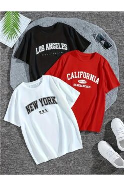 caddekombin 3 lü Set Basic Baskılı Pamuk Penye Yuvarlak Yaka Siyah-Kırmızı-Beyaz T-shirt