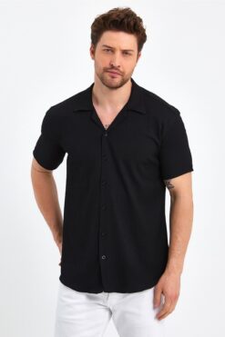 CLIPMAN Erkek Slim Fit Kendinden Desenli Keten Apaş Yaka Kısa Kollu Gömlek Siyah34