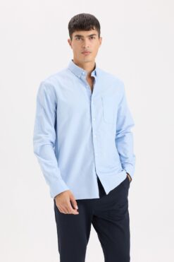 DeFacto %100 Pamuk Regular Fit Polo Yaka Oxford Basic Düz Uzun Kollu Gömlek A8028ax25sp