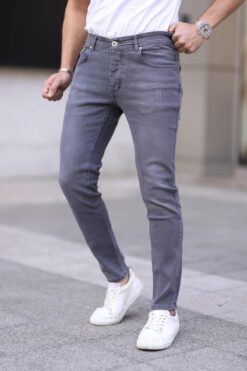 Newtime Erkek Gri Slim Fit Dar Kesim Likralı Esnek Jean Kot Pantolon Tırnaklı