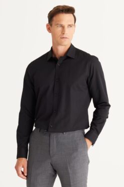 ALTINYILDIZ CLASSICS Erkek Siyah Slim Fit Dar Kesim Pamuklu Armürlü Gömlek