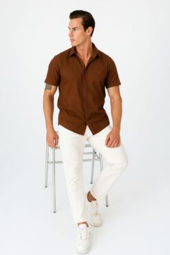 Artı1 Slim Fit Kısa Kollu Kolay Ütü Teri Emen Nefes Alan Dört Mevsim Erkek Gömlek