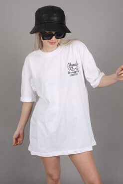 Madmext Beyaz Baskılı Oversize Tişört Mg1513
