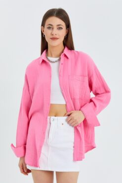 Mixray 3833 Kadın Oversize Cepli Müslin Gömlek Pembe