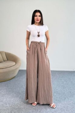 Hatun Atila Kraşlı Beli Lastikli Modal Geniş Paça Palazzo Pantolon - Vizon