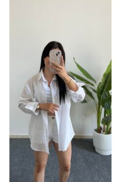 Shiron Sportswear&Company Yeni Sezon Beyaz Kadın Düşük Omuz Oversize Keten Cep Detaylı Gömlek