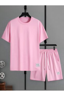 trendgar pembe kadın baskılı alt ust şortlu oversize takım