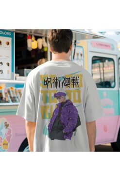 Lemur'ful Gojo JJK Anime Baskılı Oversize Beyaz Tişört