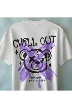 Lemur'ful Chillout Bear Outfit Baskılı Oversize Beyaz Tişört