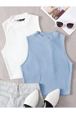 ÖZ PAMUK Kadın 2 lİ Adet Fitilli %100 PAMUKLU Örme Kaşkorse Crop Bluz ATlet