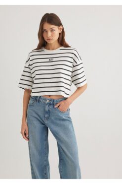 Mavi Logo Baskılı Siyah Çizgili Crop Tişört Crop / Kısa Kesim 1612227-86678