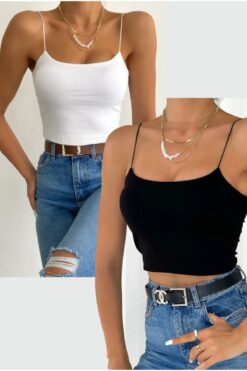 Genel Markalar İp Askılı Astarlı Crop Büstiyer Bluz Siyah ve Beyaz İkili Set